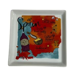 CRATE & BARREL Spain Wine Map Square Appetizer Plate Ceramic 7in